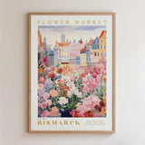 The image is a framed poster depicting a vibrant and colorful flower market in Bismarck, Germany.