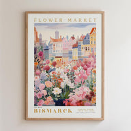 The image is a framed poster depicting a vibrant and colorful flower market in Bismarck, Germany.