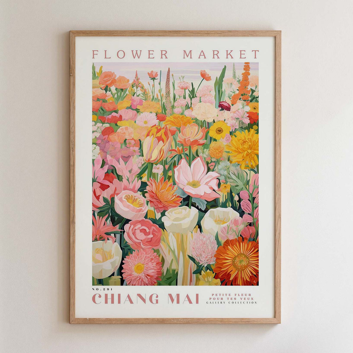 The image is a framed poster of a vibrant and colorful flower market, featuring a variety of flowers and plants in different shades of pink, orange, yellow, and white.