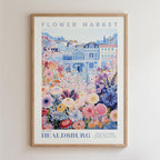 The image is a framed poster depicting a vibrant and colorful flower market in Healdsburg, California.