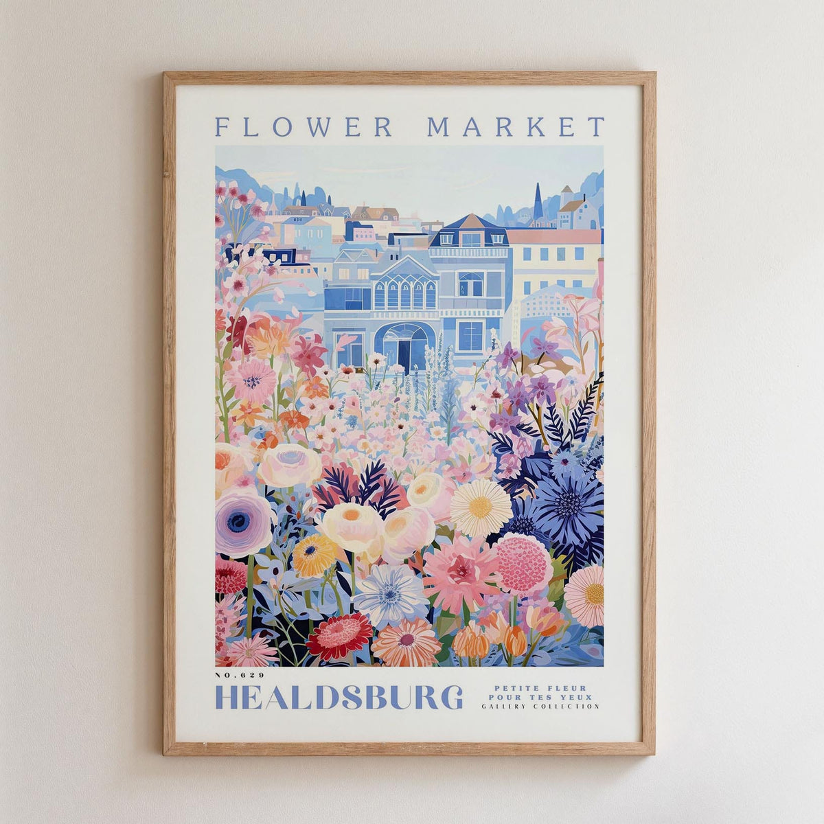 The image is a framed poster depicting a vibrant and colorful flower market in Healdsburg, California.