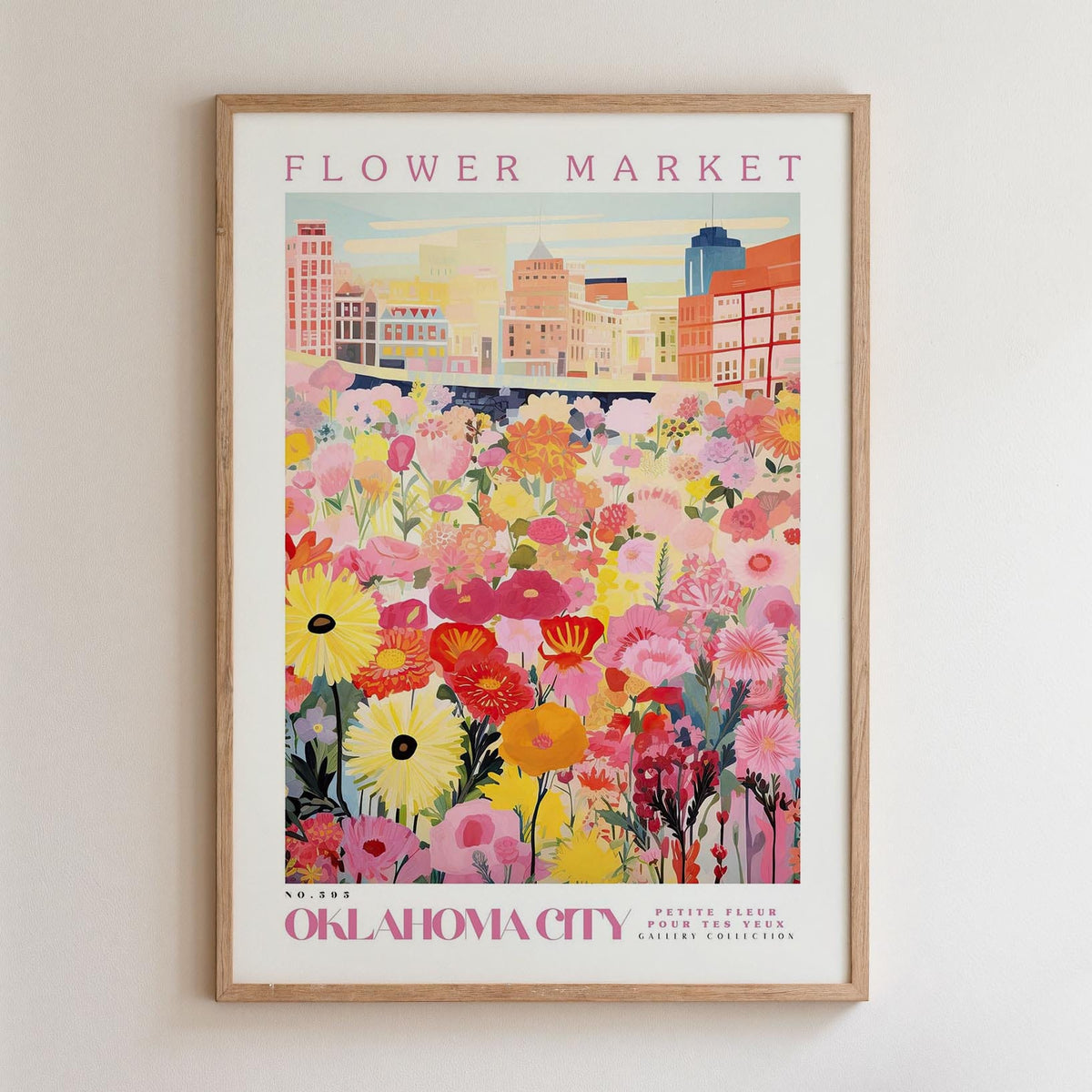 The image is a framed poster depicting a vibrant and colorful flower market in Oklahoma City.