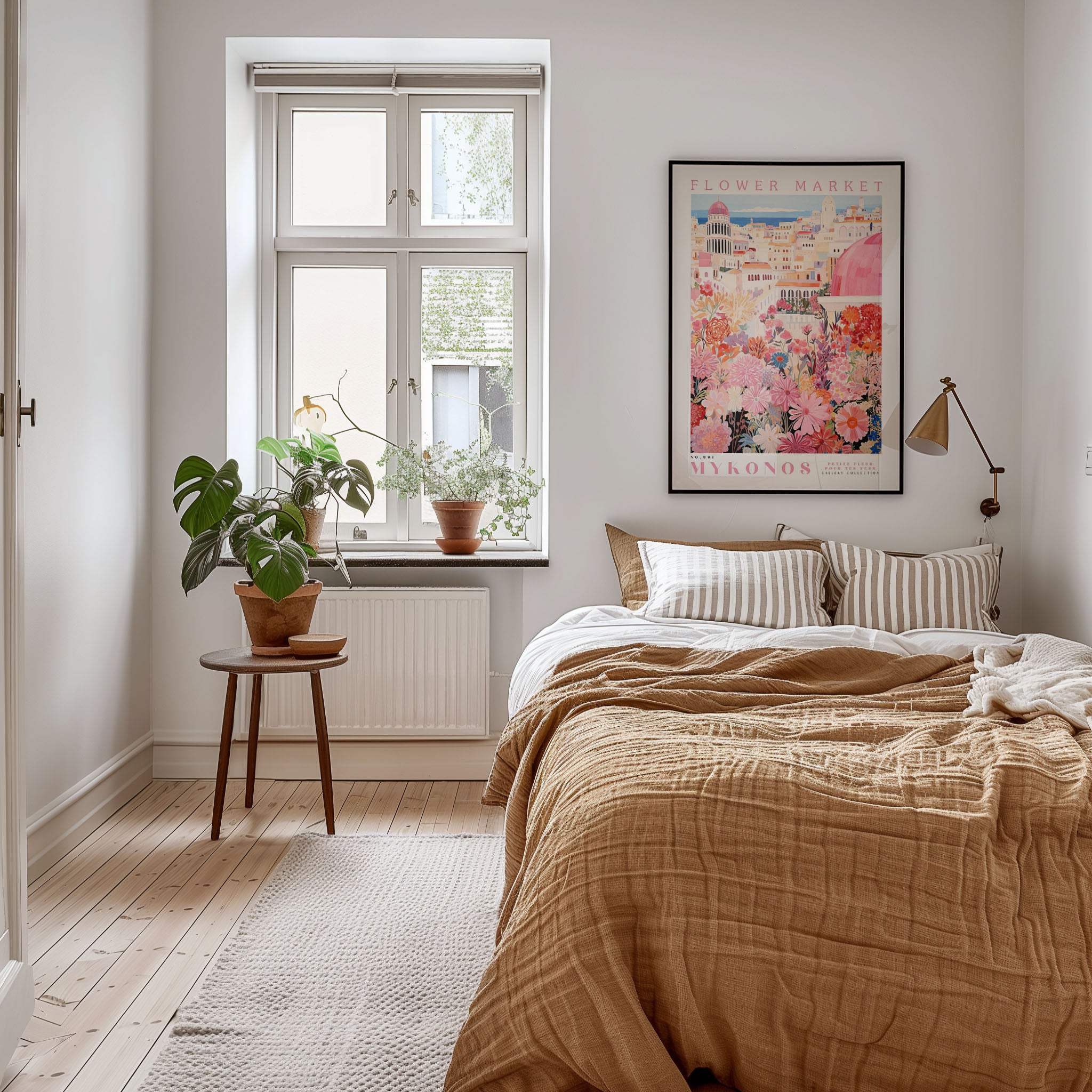A cozy bedroom with a large bed, a nightstand with a plant, and a framed poster on the wall. The room has a warm, inviting atmosphere with a wooden floor and a window overlooking a garden.