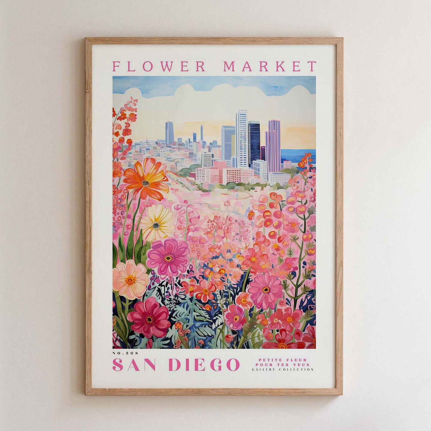 The image is a framed poster depicting a cityscape with a flower market in the foreground.