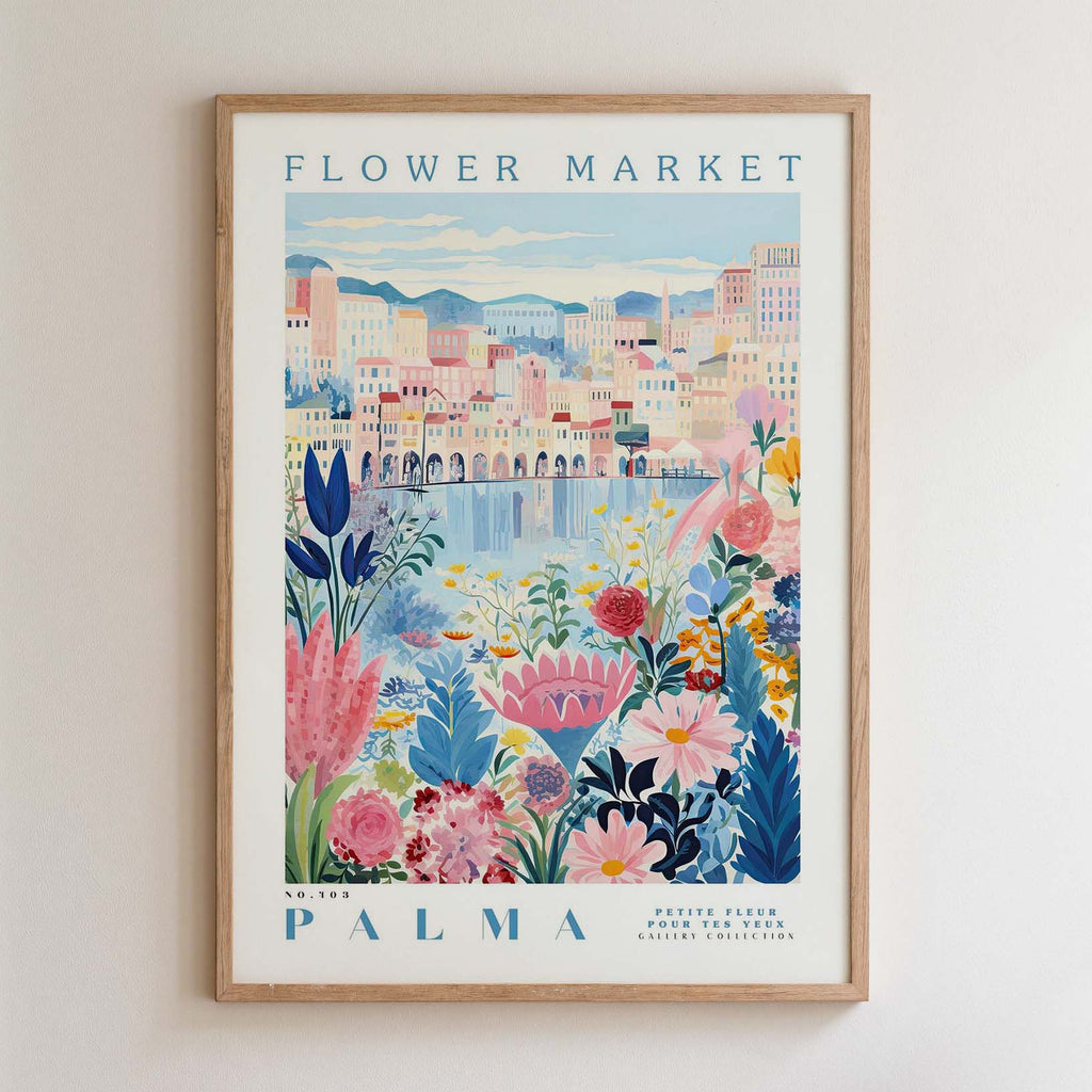 The image is a framed poster depicting a colorful and vibrant scene of a flower market in Palma, Spain.