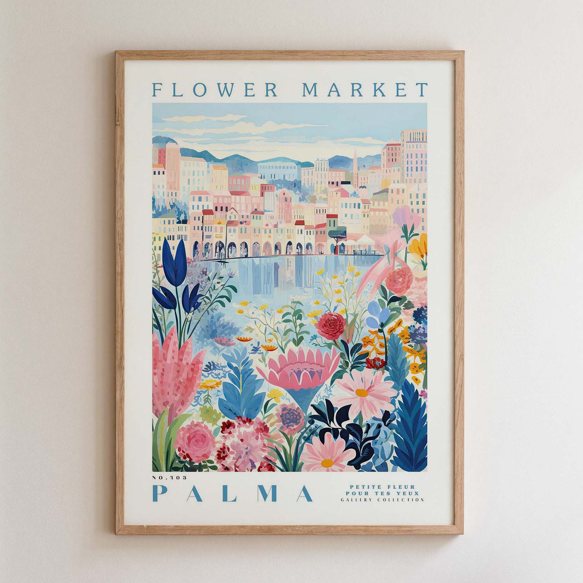 The image is a framed poster depicting a colorful and vibrant scene of a flower market in Palma, Spain.