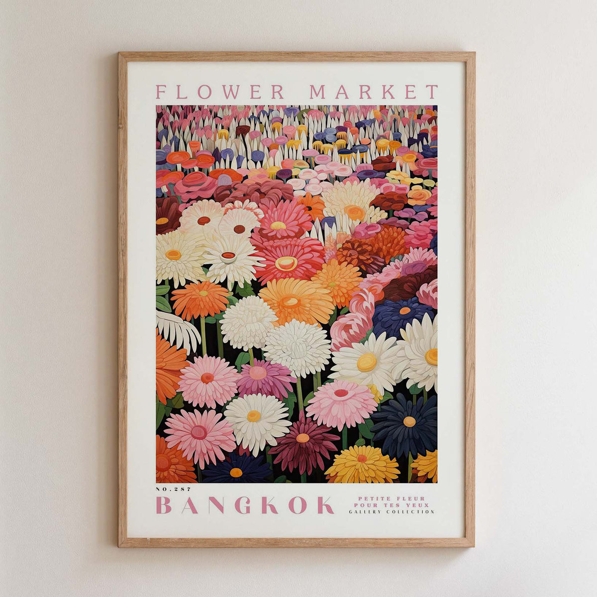 The image is a framed poster depicting a vibrant and colorful flower market in Bangkok, Thailand.
