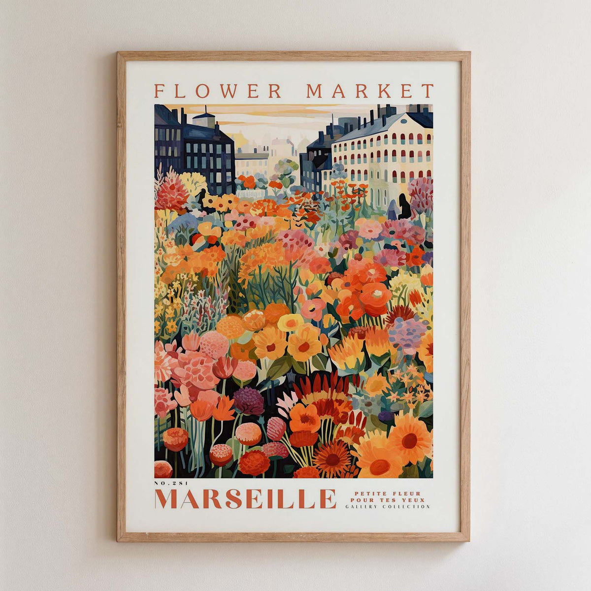 The image is a framed poster depicting a vibrant flower market in Paris, France.
