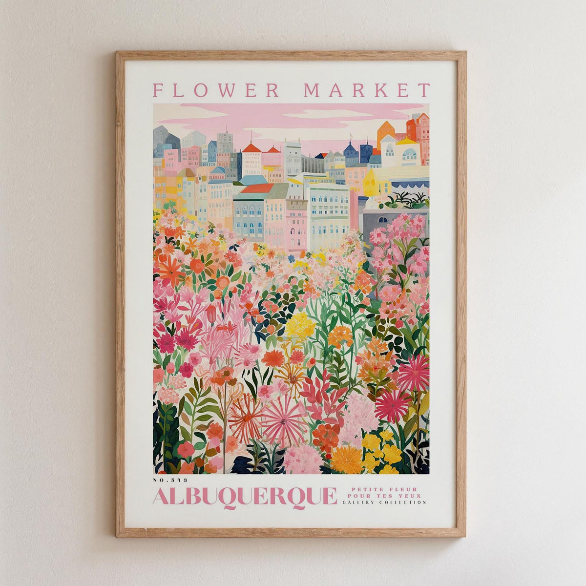 The image is a framed poster depicting a vibrant and colorful cityscape with a variety of flowers and plants in the foreground.