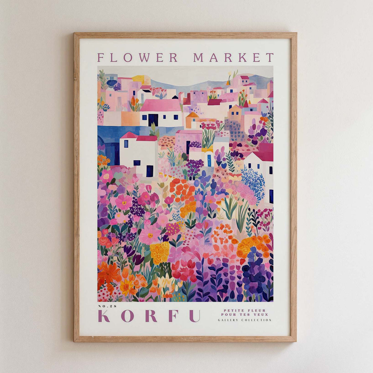 The image is a framed poster depicting a colorful, vibrant flower market scene with various flowers and buildings.
