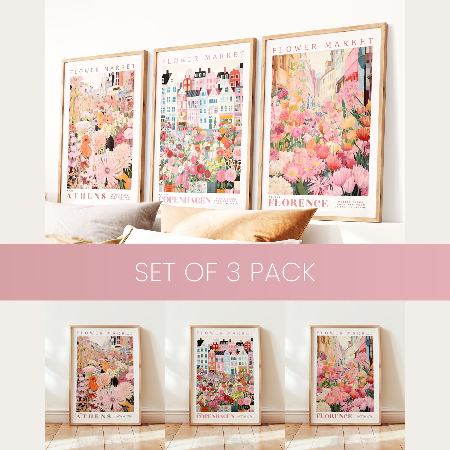 Sæt med 3 prints, Blomstermarkedsplakat, Vægkunstbundt, Botanisk Vægkunst, Botanisk Plakat, Pink Flower Plakat, Galleri Vægsæt
