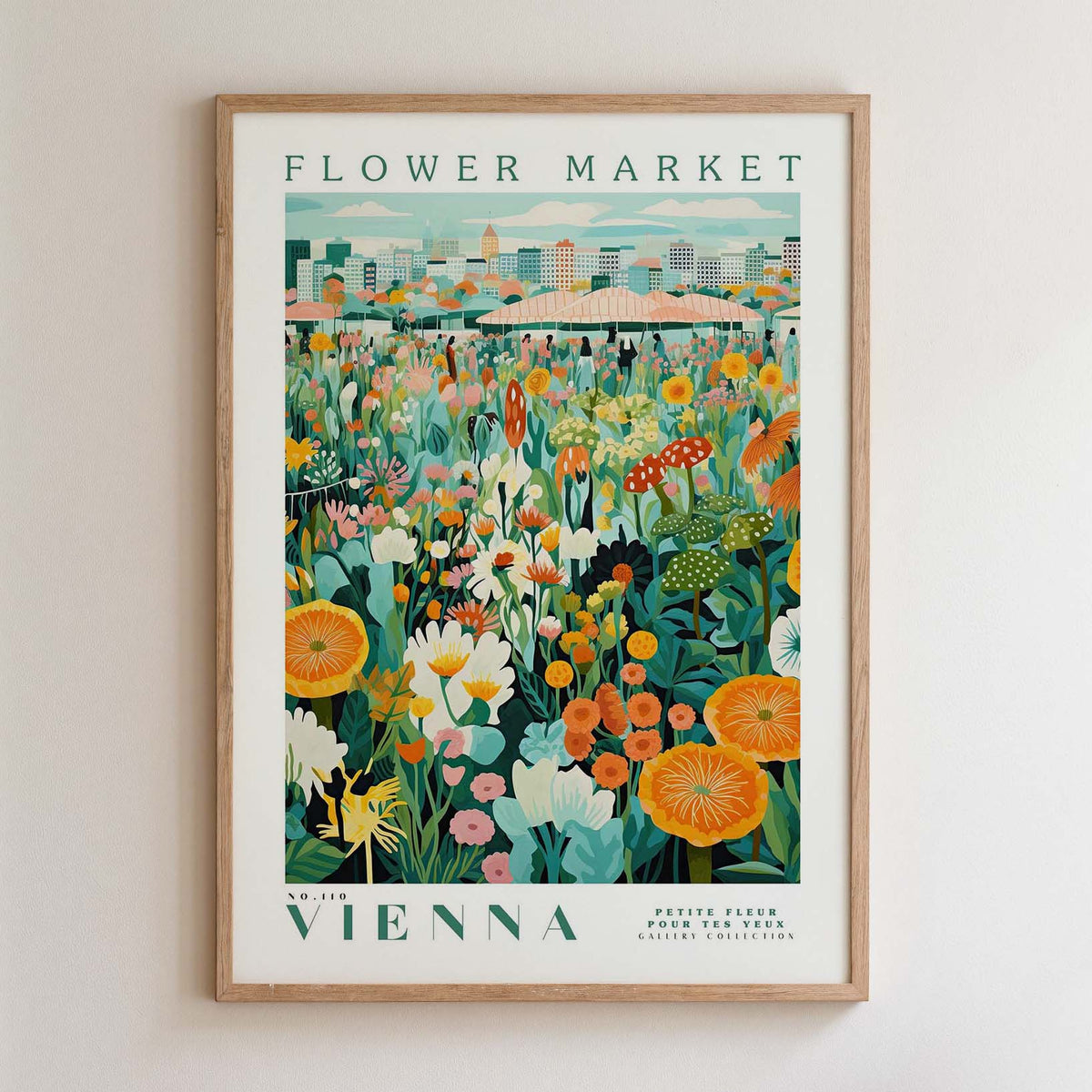 The image is a framed poster depicting a vibrant flower market in Vienna, Austria.