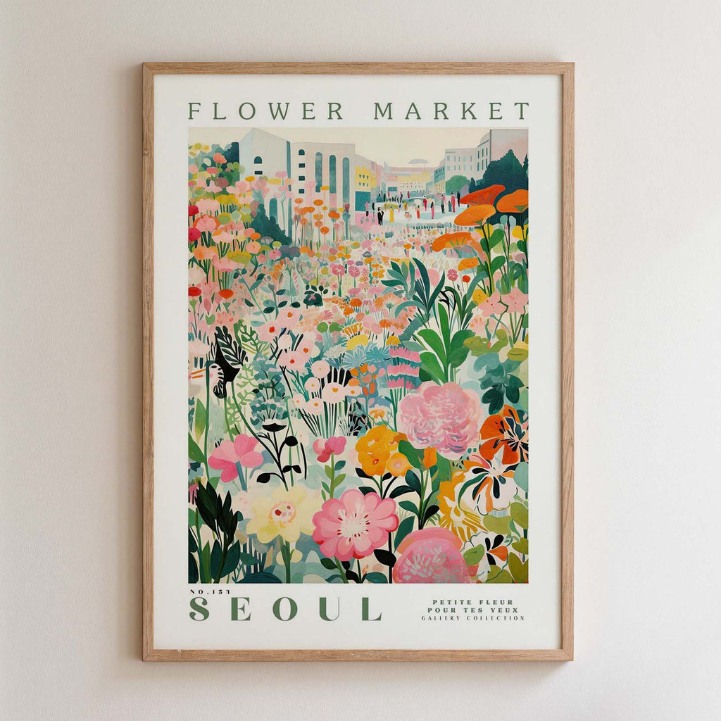 The image is a framed poster depicting a vibrant and colorful flower market in Seoul, South Korea.
