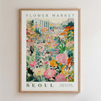 The image is a framed poster depicting a vibrant and colorful flower market in Seoul, South Korea.