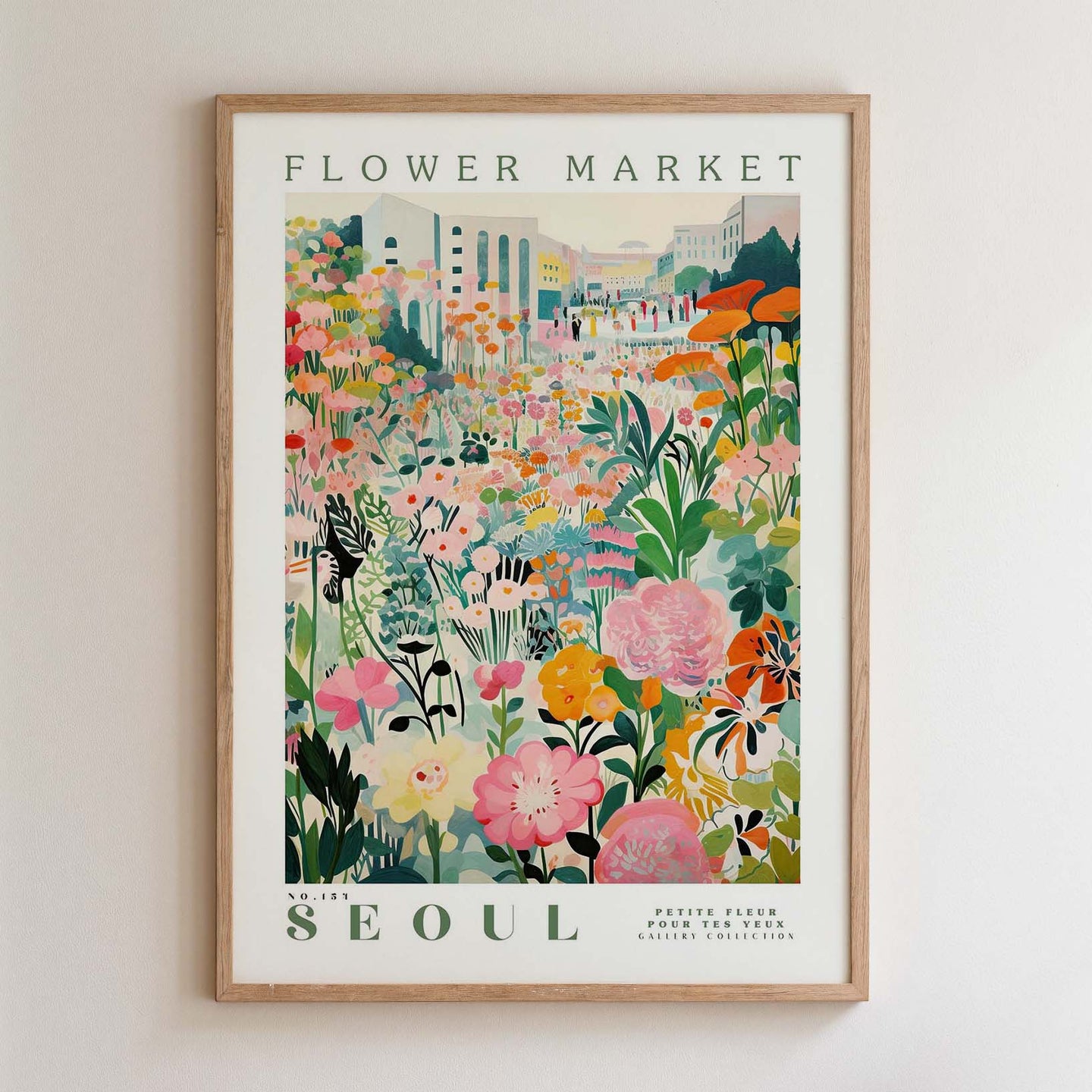 The image is a framed poster depicting a vibrant and colorful flower market in Seoul, South Korea.