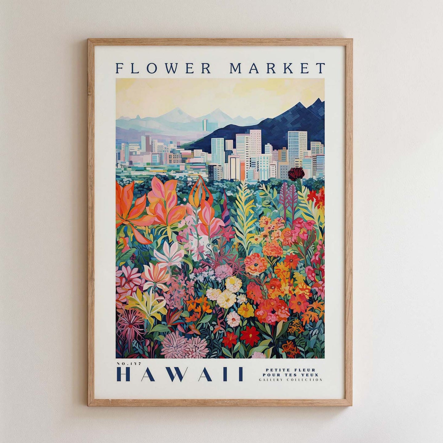 The image is a framed poster depicting a vibrant and colorful flower market in Hawaii.