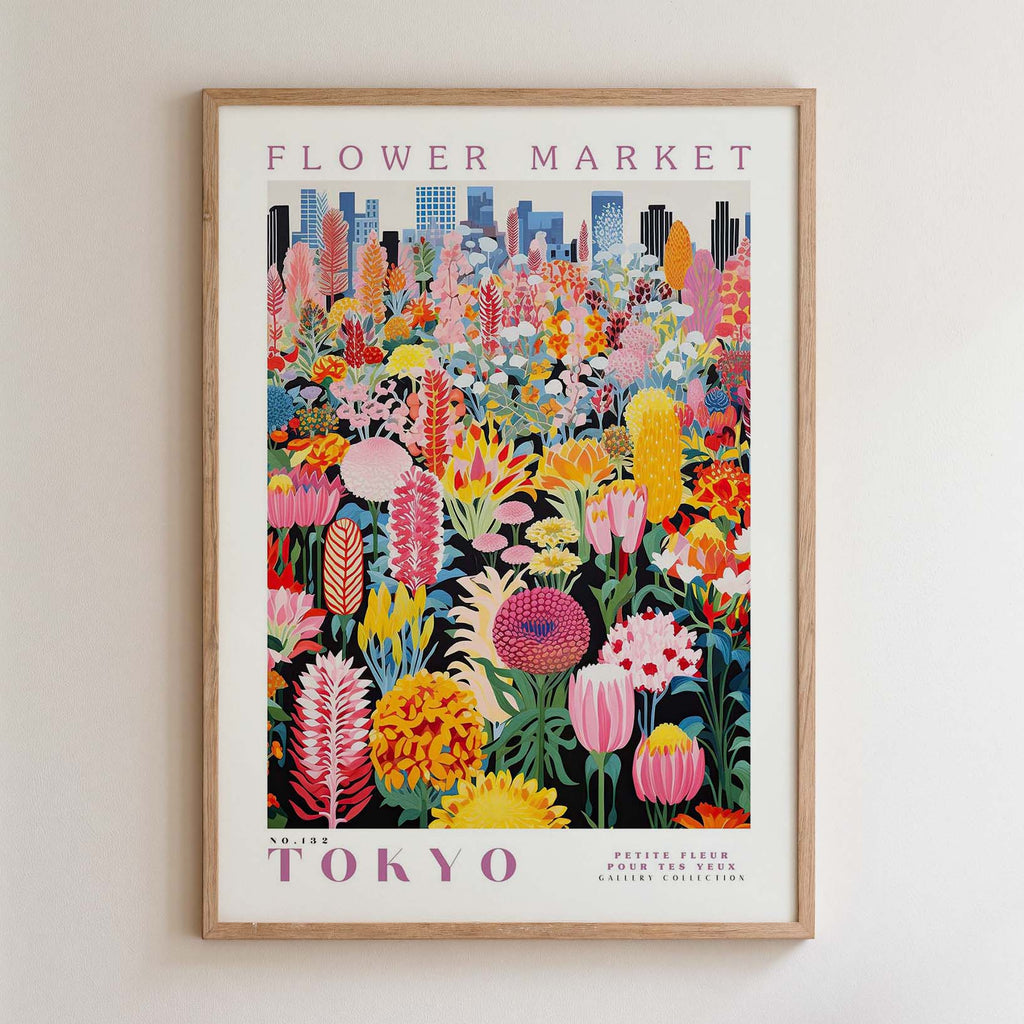 The image is a framed poster depicting a vibrant and colorful flower market in Tokyo, Japan.