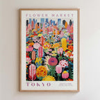 The image is a framed poster depicting a vibrant and colorful flower market in Tokyo, Japan.