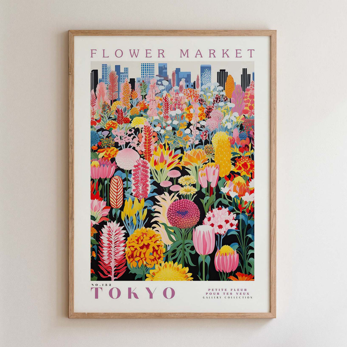 The image is a framed poster depicting a vibrant and colorful flower market in Tokyo, Japan.