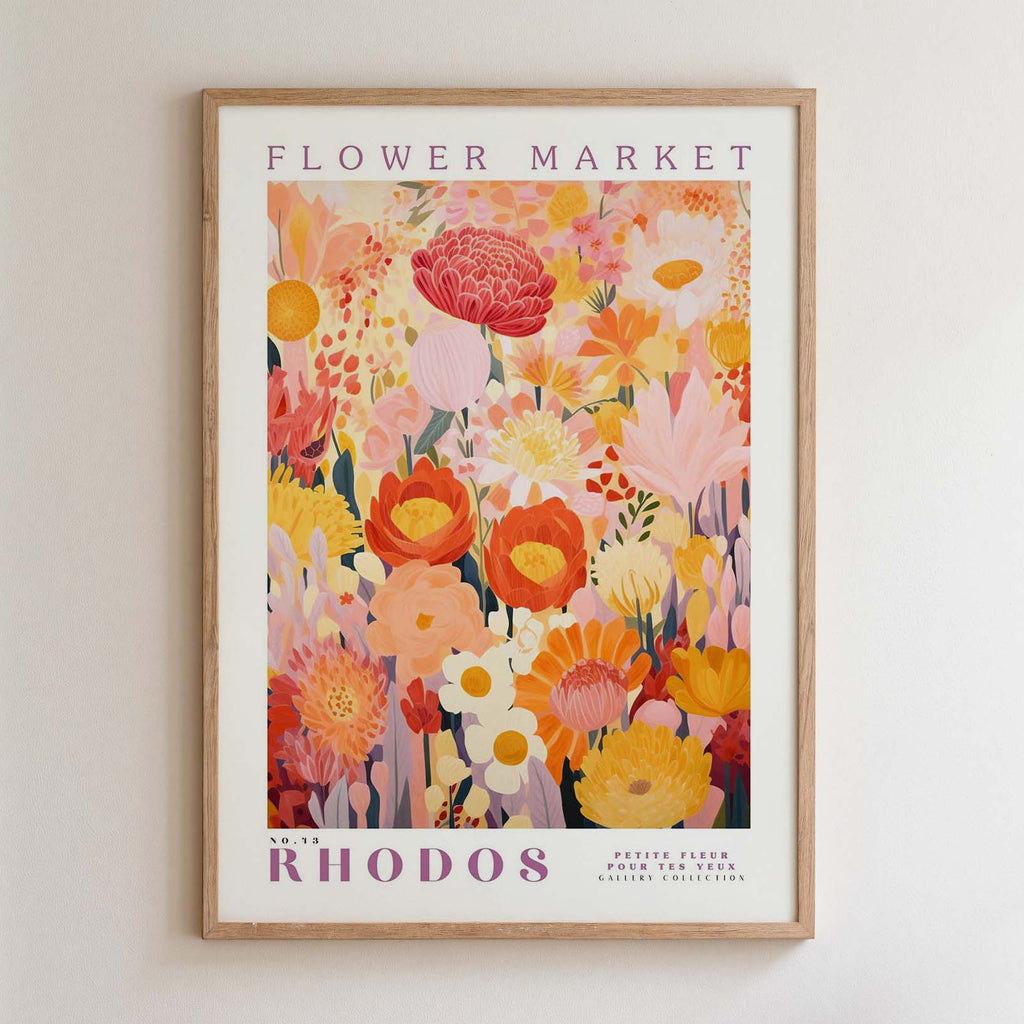 The image is a framed poster of a vibrant floral arrangement, featuring a variety of colorful flowers and plants.
