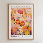 The image is a framed poster of a vibrant floral arrangement, featuring a variety of colorful flowers and plants.