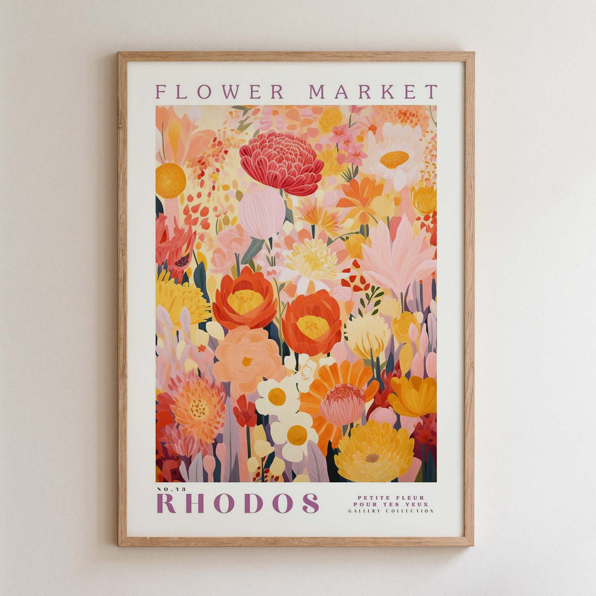The image is a framed poster of a vibrant floral arrangement, featuring a variety of colorful flowers and plants.