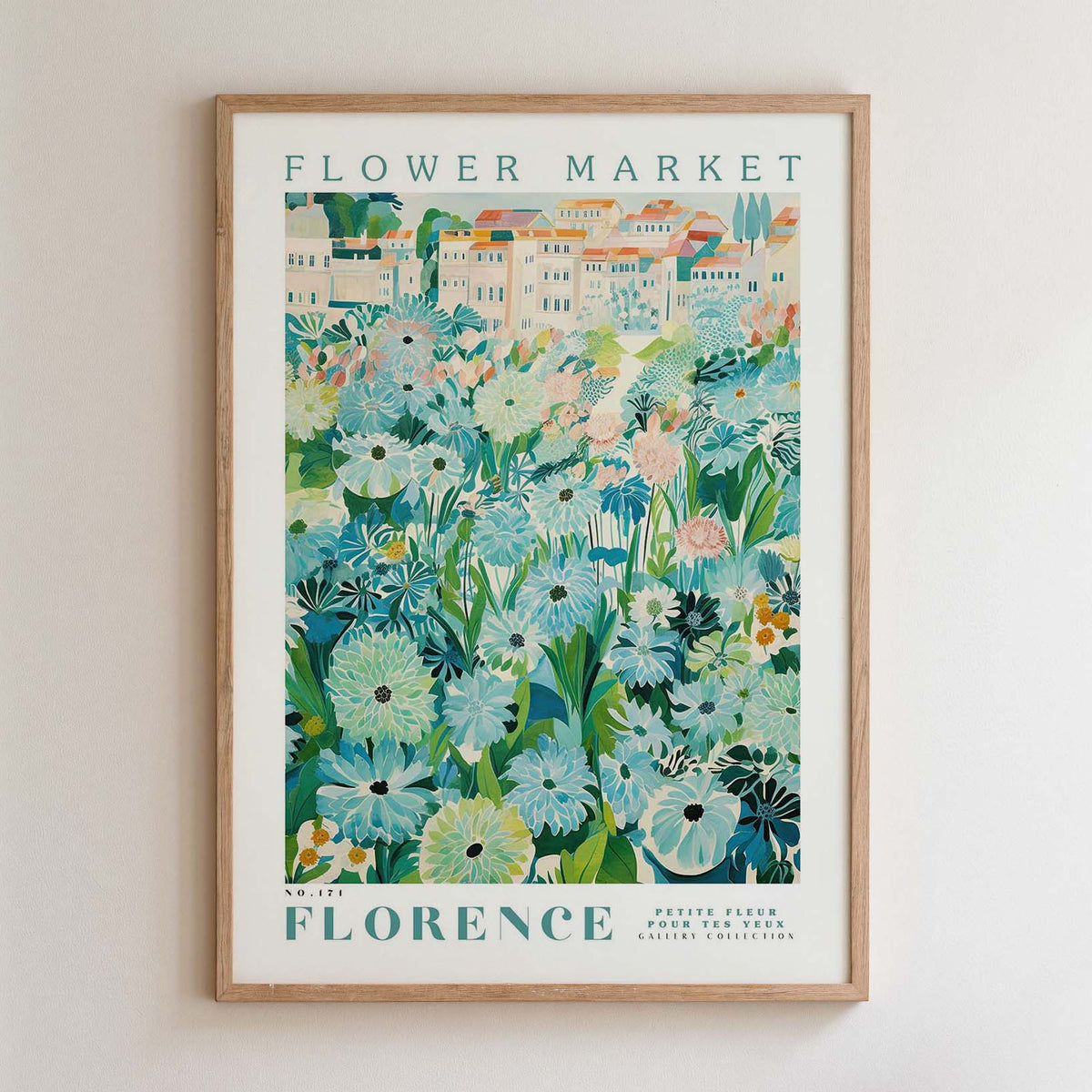 The image is a framed poster depicting a vibrant and colorful floral scene, with various types of flowers and foliage arranged in a visually appealing manner.