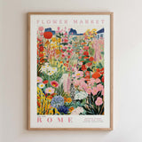 The image is a framed poster depicting a vibrant and colorful flower market in Rome, Italy.