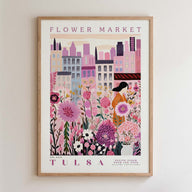 The image is a framed poster depicting a cityscape with a flower market in the background.