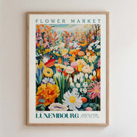 The image is a framed poster depicting a vibrant and colorful flower market in Luxembourg, France.