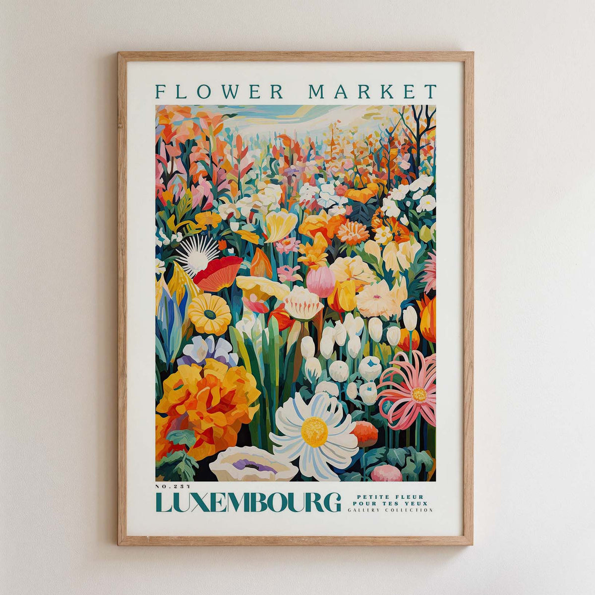 The image is a framed poster depicting a vibrant and colorful flower market in Luxembourg, France.