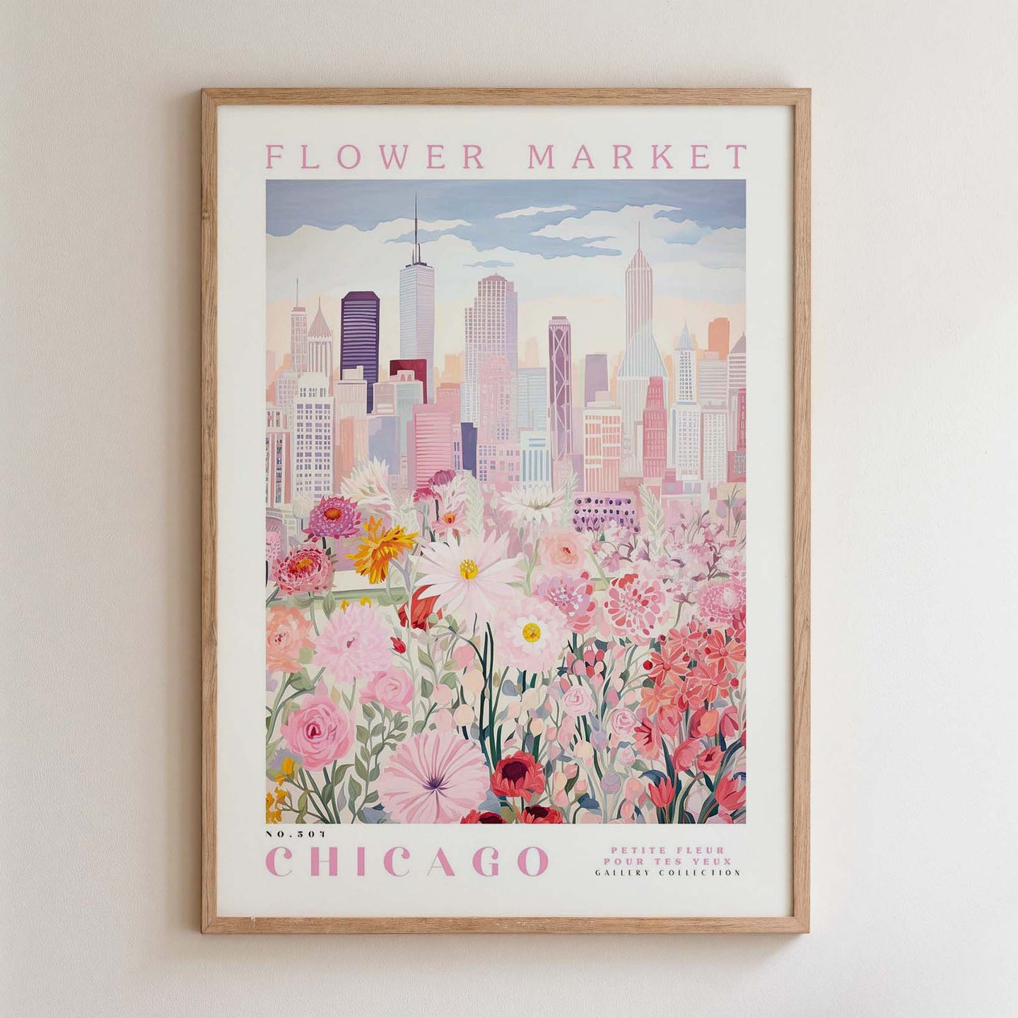 The image is a framed poster depicting a cityscape with a flower market in the foreground.