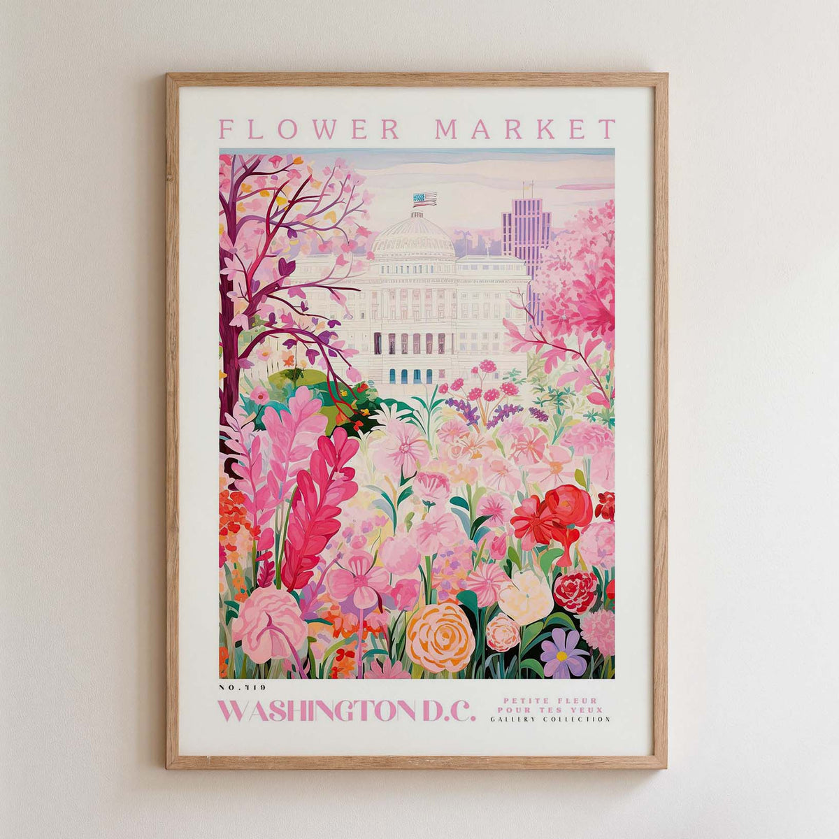 The image is a framed poster depicting a vibrant and colorful flower market in Washington, D.C.
