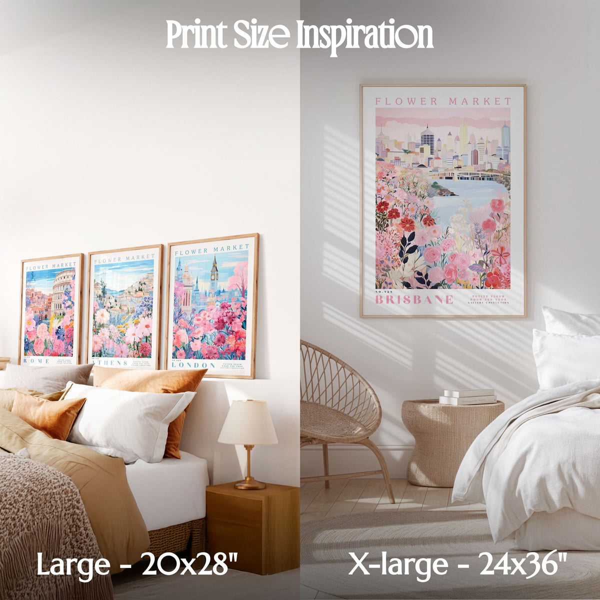 The image is a comparison of two different print sizes for a "Flower Market" poster. The left side shows a smaller print size of 20x28 inches, while the right side shows a larger print size of 24x36 inches.