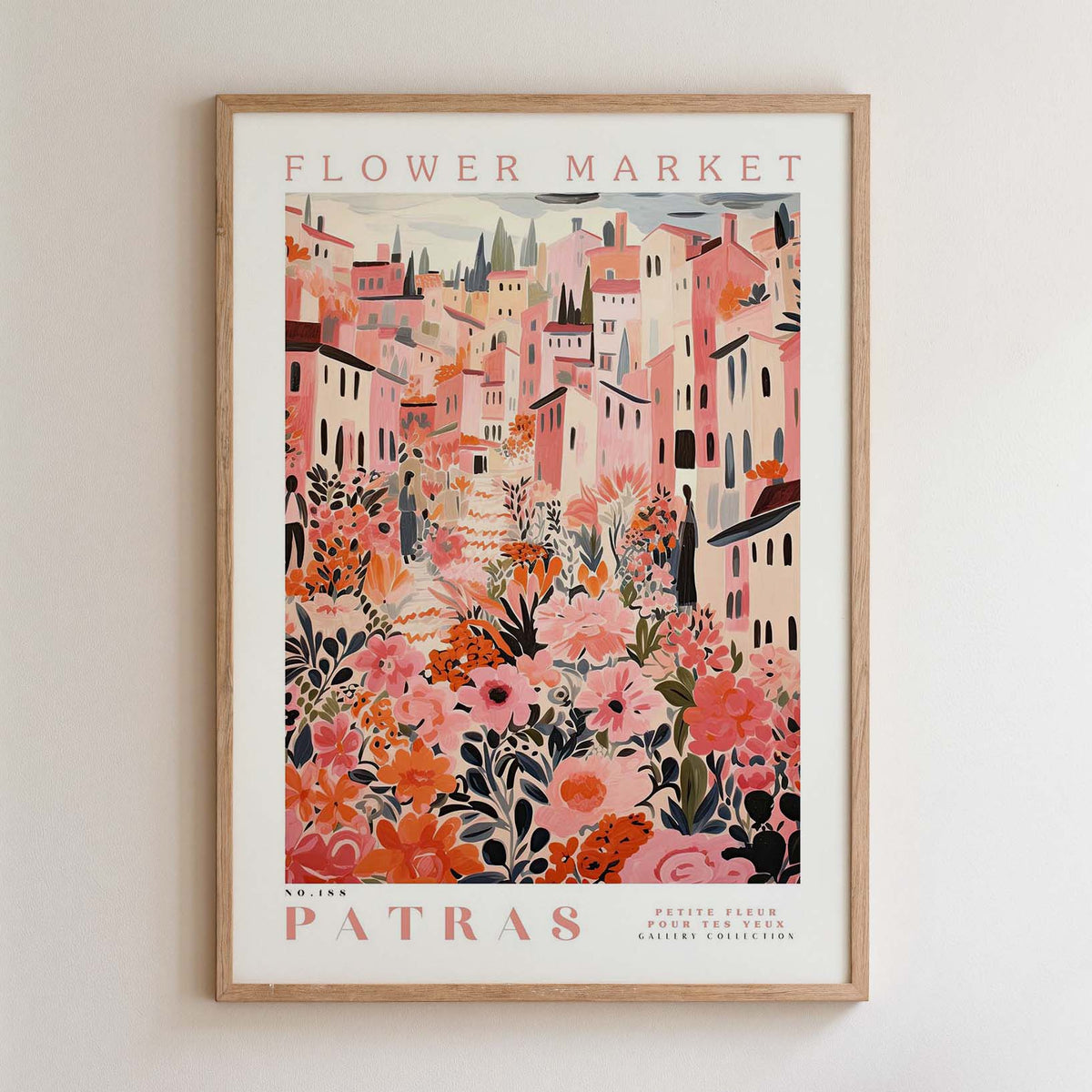 The image is a framed poster depicting a vibrant and colorful cityscape with buildings, flowers, and greenery.