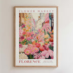 The image is a framed poster depicting a vibrant and colorful flower market in Florence, Italy.