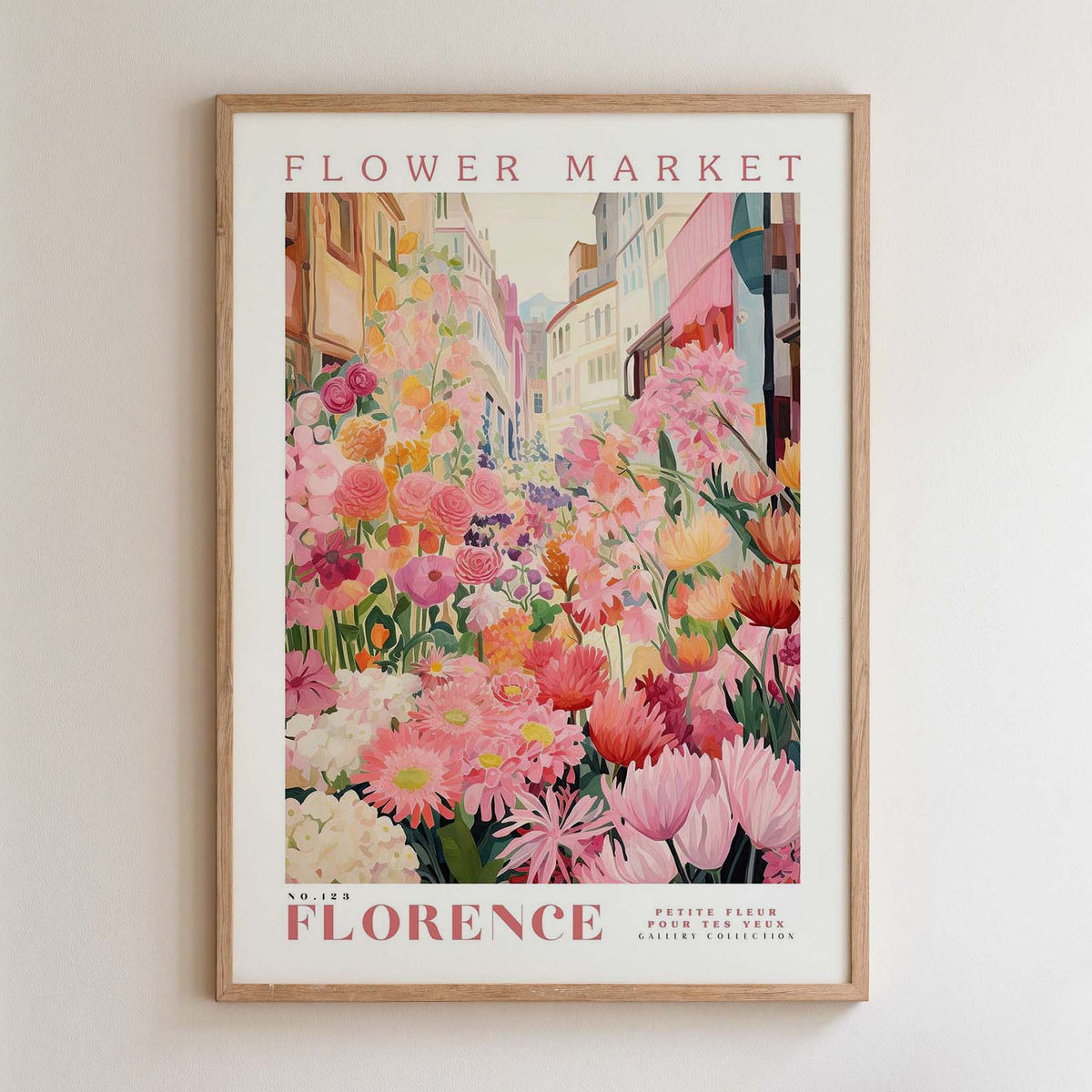 The image is a framed poster depicting a vibrant and colorful flower market in Florence, Italy.