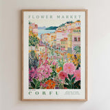 The image is a framed poster depicting a colorful and vibrant flower market in Corfu, Greece.