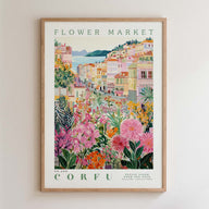 The image is a framed poster depicting a colorful and vibrant flower market in Corfu, Greece.