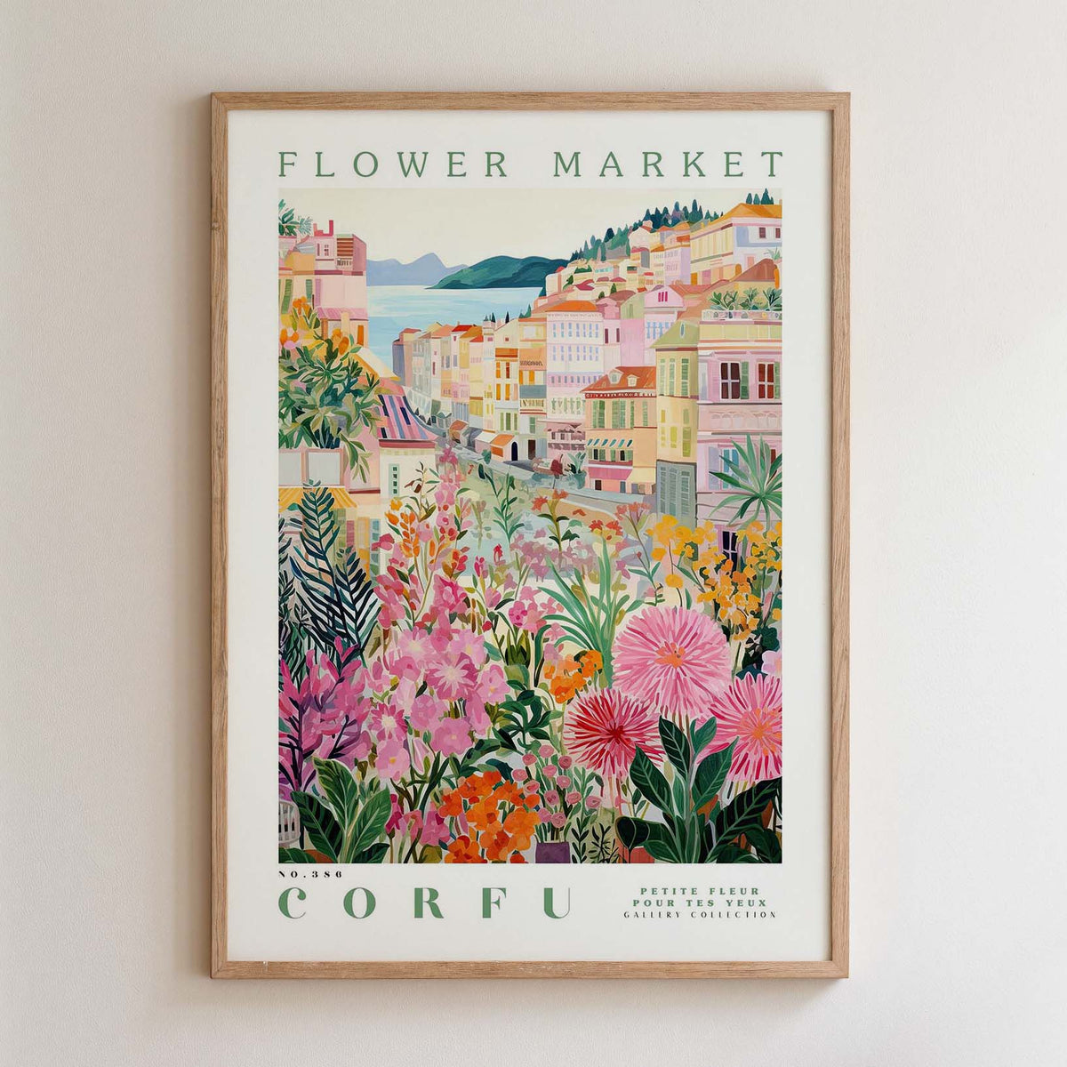 The image is a framed poster depicting a colorful and vibrant flower market in Corfu, Greece.