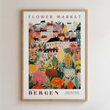 The image is a framed poster depicting a colorful and vibrant flower market in Bergen, Norway.
