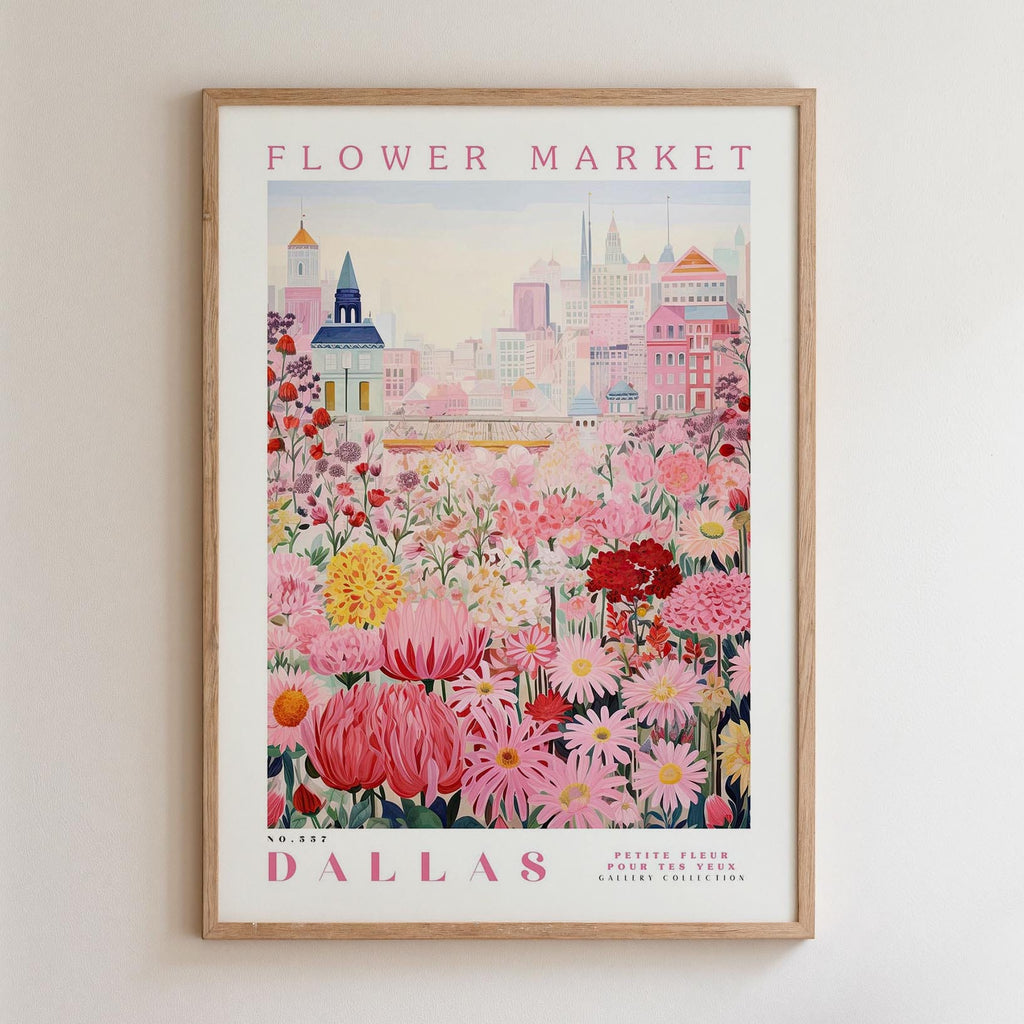 The image is a framed poster depicting a cityscape with a flower market in the background.