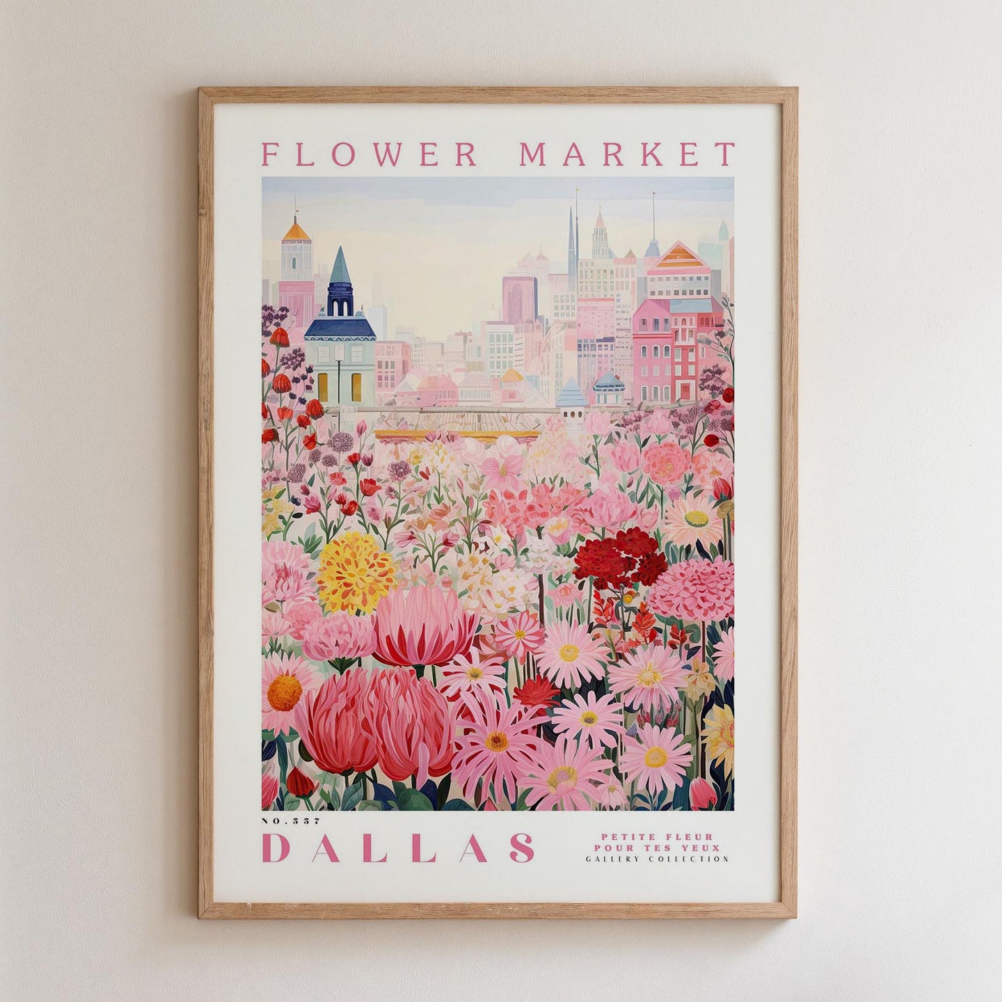 The image is a framed poster depicting a cityscape with a flower market in the background.