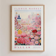 The image is a framed poster depicting a cityscape with a flower market in the background.