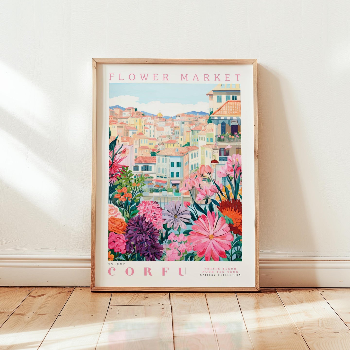 The image is a framed poster depicting a colorful and vibrant cityscape with flowers and buildings, located in Corfu, Greece.