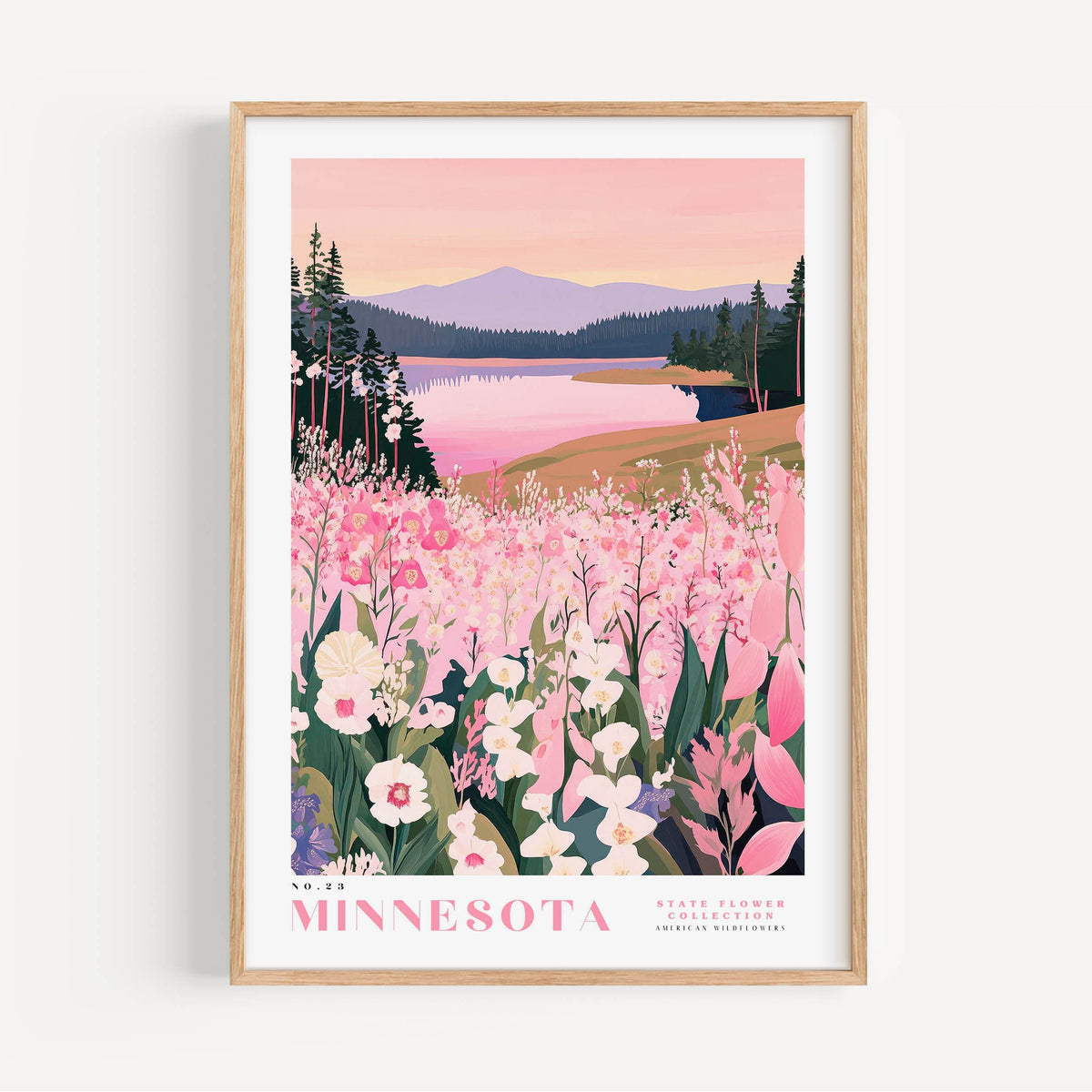 A framed poster depicting a scenic landscape with a lake, mountains, and a field of pink flowers.