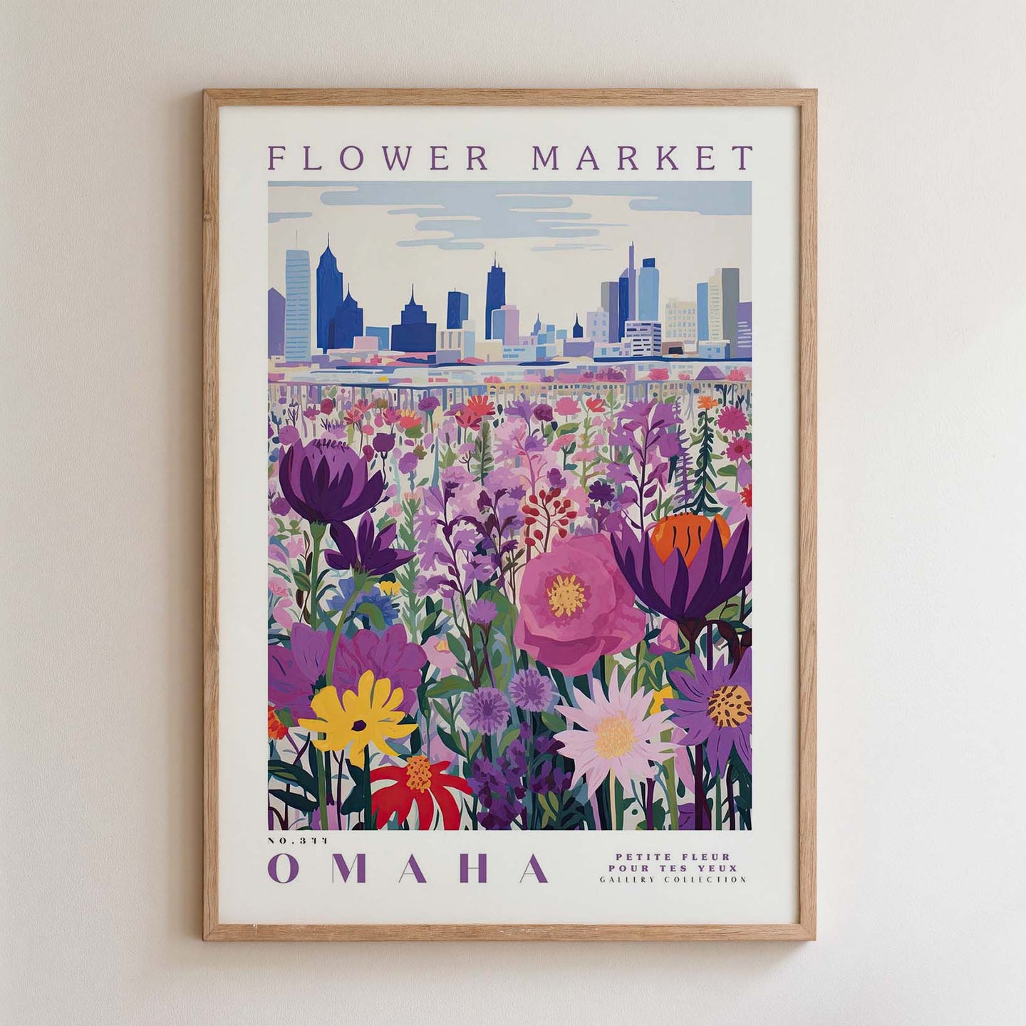 A framed poster depicting a vibrant flower market in Omaha, Nebraska, with a city skyline in the background.