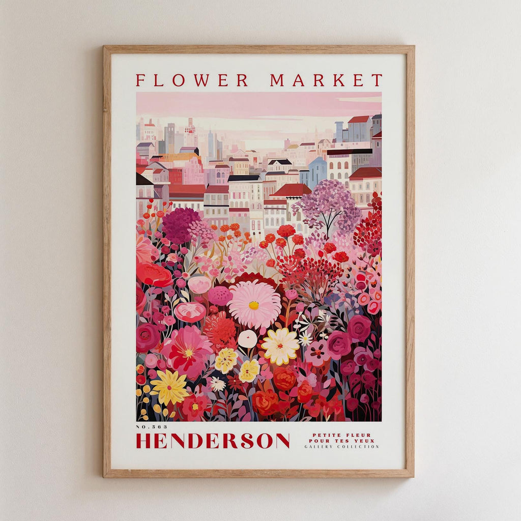 A framed poster depicting a vibrant and colorful flower market, with a variety of flowers and buildings in the background.