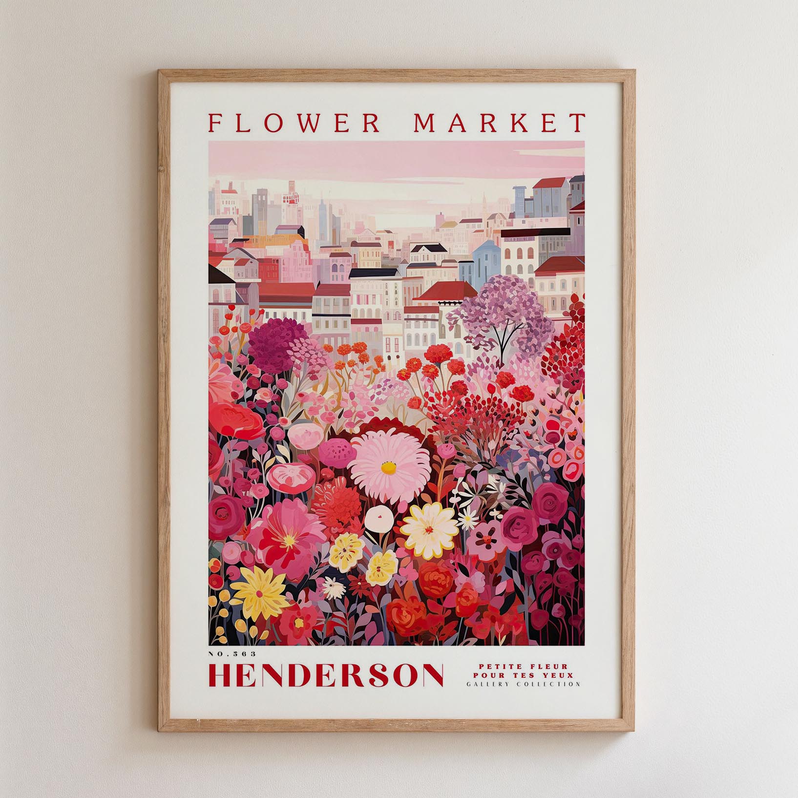 A framed poster depicting a vibrant and colorful flower market, with a variety of flowers and buildings in the background.