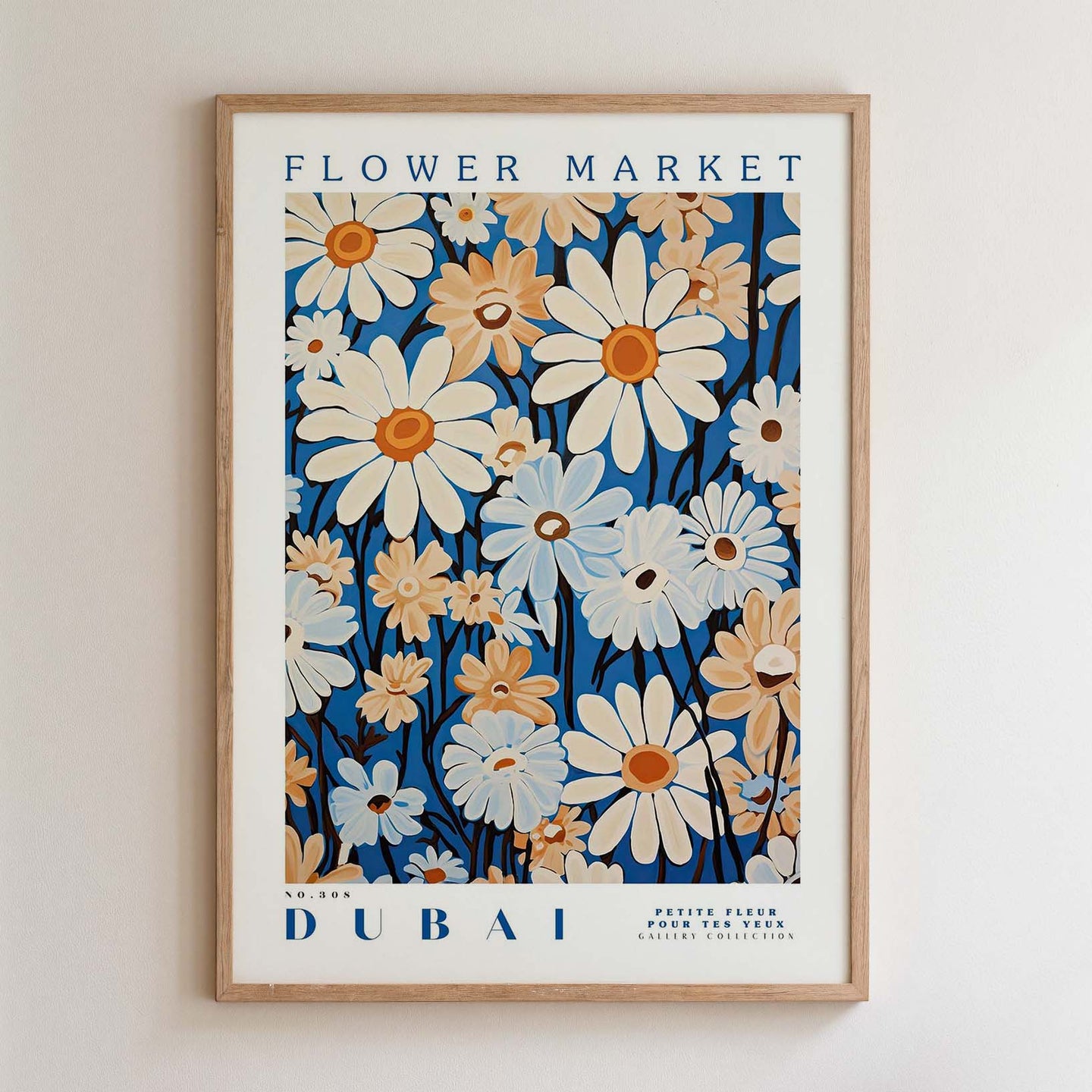 The image is a framed poster or artwork featuring a vibrant floral pattern in shades of blue, white, and orange. The text on the poster reads "FLOWER MARKET" and "DUBAI", indicating the subject of the artwork is the flower market in Dubai.